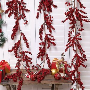 68/74 Inches Artificial Red Berry Rattan Holly Fruit Hanging Rattan For Christmas Decoration New Year Wall Flowers Decoration