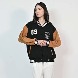 QUEENTIN Jaket Varsity Wanita 0228 Baby Tery Polyester Embroidered Baseball Jacket Lengan Panjang