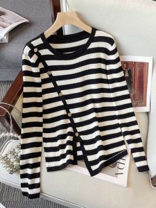 plus Size Black White Stripes Knitted Sweater Womens Early Autumn Shoulder Design Slimming Irregular Top Korean Style Long Sleeve