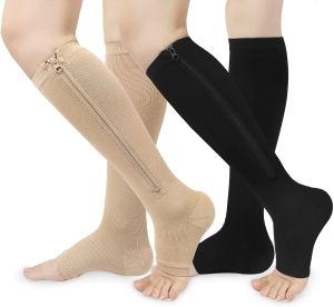 1Pair Zipper Compression Socks Calf Open Toe Compression Stockings for Women Men Walking Running Cycling and Sports