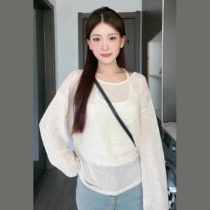 Áo Len Dệt Kim Mỏng Khoét Lỗ Phong Cách Lười Biếng Cho Nữ Mùa Hè 2025 Áo Khoác Ngoài Chống Nắng Thiết Kế Mới Áo Thun Cổ Tròn Dài Tay