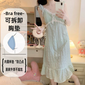 Cute Summer Sleep Dress Womens Strap Nightgown with Chest Pad Home Clothes for Young Girls V-neck Midi Length Polyester Blend