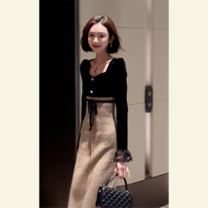 Elegant French Style Velvet Dress for Rich Young Lady Engagement Party Commute Fashion High Waist A-Line Long Skirt