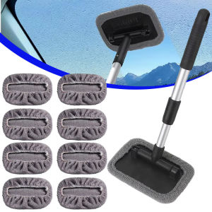 Car Window Cleaner Brush Windshield Cleaner Microfiber Cloth Cleaning Tool with Handle Interior Exterior Auto Glass Wiper