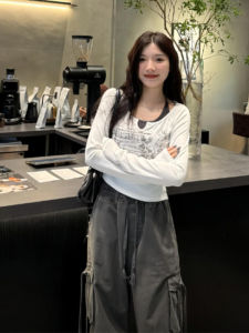 YUEZHONGWEI | Vintage Aged Letter Print Layered Tunic Tee Shirt