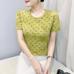 Yimei Áo Thun Thêu Tay Ngắn Lưới Cổ Tròn Chấm Bi chấm bi cho nữ áo nhỏ nhuộm Cà Vạt Mới Mùa Hè 2025 áo thanh lịch co giãn và sành điệu