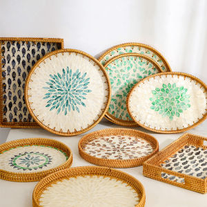Naturalcraft Rattan Trays With Mother Of Pearl Inlaid Wood Base Trays Round Trays Coffee Table Decor Serving Trays Display Trays Tea Trays