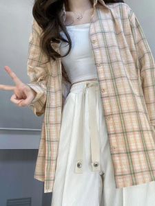 Summer Thin American Retro Pure Cotton Gingham Shirt Womens Ins Loose Leisure College Style Mid Length Long Length Shirt Outwear