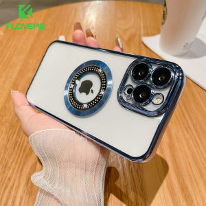 FLOVEME Diamond Logo Hole Wireless Charging Phone Case For iphone 14 13 12 11 Pro Max 14 Plus With Lens Film Protector All-inclusive Plating Clear Soft TPU Back Cover For iphone X XR XS Max