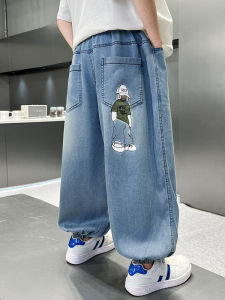 Childrens Mosquito-Resistant Summer Thin Denim Pants Cartoon Print Trendy Cuffed Trousers Breathable Long Pants for Ages 2-18