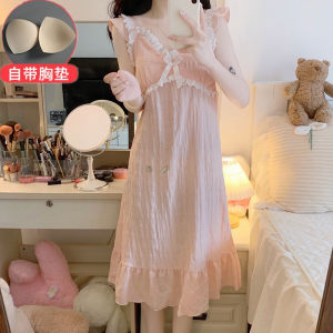 Elegant Summer Sleep Dress Womens Mid-Length Strapless Gown with Chest Pad Knee-Covering Sweet Style Cotton Print Nightgown