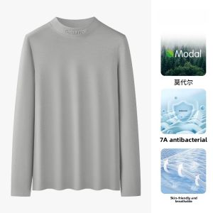 Miiow | Mens Long Sleeve Modal Cotton Base Shirt Spring Autumn Half High Collar Double Face Mid Neck Top Cat Person New 2025 Style