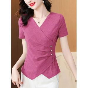 HUAXUNRAN | Summer Cotton V-Neck Slimming Short Sleeve Top