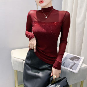 REHIN European High-End Rhinestone Embellished Half-Turtleneck Long Sleeve T-shirt Base Layer Autumn New Unique & Chic Innerwear Womens Top