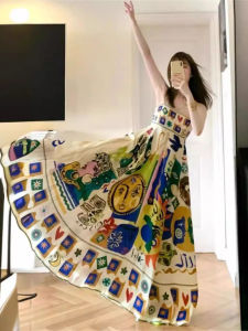 Váy Mùa Hè Mới in Graffiti Thắt Eo Phong Cách Bãi Biển Cho Nữ Váy Midi Không Tay Cổ Chữ a in Họa Tiết Mùa Hè