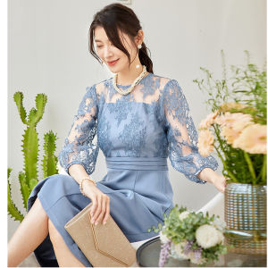 Elegant Lace Splice Slimming Long Dress Summer New Style Ladies Daily Wear Mini Dress Polyester Fabric Lantern Sleeve round Neck