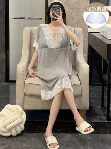 เรียบหรู การนอนหลับแขนสั้นสีเทา เดรส ผู้หญิง ฤดูร้อน Modal ผ้าฝ้าย เซ็กซี่ Ins พร้อมแผ่นรองหน้าอกสามารถสวมใส่นอก Midi เดรส