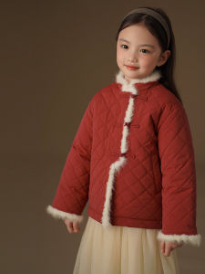 เสื้อแจ็คเก็ตเด็กผ้าฝ้ายหนา ขนสัตว์แท้ ปกหนา อบอุ่น เสื้อผ้าเด็กผู้หญิงสีแดง ชุดปีใหม่ ชุดเด็กผู้หญิง ฤดูหนาว เสื้อผ้าเด็ก