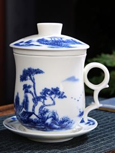 Chinese Ceramics Four-Piece Set Tea Cup Personal Cup Inner Filter Cover Water Cup Office Meeting Blue And White Porcelain Cup