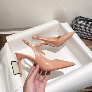 Elegant High Heel Sandals Womens Soft Leather Pointed Toe Nude Color Spring Summer Fashionable Single Shoes Trendy Lady