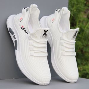 White Breathable Mesh Running Shoes Lightweight Casual Slip-On Rubber Outsole Anti-Slip Deodorant Spring Autumn Seasonal Sneakers