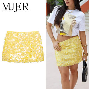 MUJER Yellow Sequin Mini Skirt Woman High Waist Womens Skirt Cylinder Luxury Short Skirts for Women Glitter Summer Skirt Women