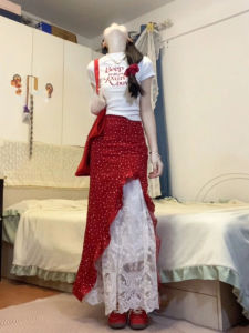 YUEZHONGWEI | Slimming High Waist A-line Red Floral Print Asymmetric Split Chiffon Skirt
