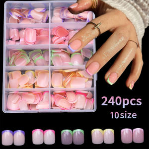 120/240Pcs French Short Square False Nail Tips Full Cover Press On Nails 10Sizes for Women Girl Wearable Soft Gel Fake Fingertip