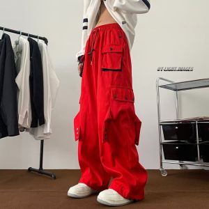 HipHop American High Street Red Cargo Pants Men and Women Niche Loose Drawstring Ankle-Tied Casual Straight Pants Large Pocket