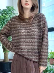 QINGNAER | Lacy Contrast Round Neck Oversized Knitted Sweater