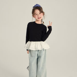 Ballet Style Long Sleeve T-Shirt for Big Girls Spring Autumn Cotton Soft Treatment Layered Wear Base Shirt Top with Lace Hem