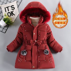 Girls Thickened Fleece Lined Cotton Jacket Childrens Fashionable Outerwear Mid-Length Coat Warm Polyester Fabric Zipper Closure