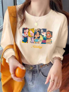 Cotton Long Sleeve Womens T-shirt Creamy Apricot Loose Fit Cartoon Print Spring Early Season Versatile Base Layer Shirt