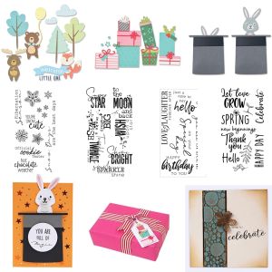 Cute Animals Festive Gifts Magic Hat Cutting Dies Christmas Greetings Sentiments Stamps For DIY Scrapbooking Card Craft Making