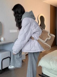 2025 Winter Womens Korean Style down Cotton Jacket Loose Diamond Patterned Thickened Long Sleeve Stand Collar Coat