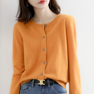 Áo Len Cardigan Nữ Kiểu Hàn Quốc Cổ Tròn Dệt Kim Tay Dài Thời Trang Chất Liệu Co Giãn Vừa Phải Màu Trơn Thích Hợp Cho Mùa Xuân Thu