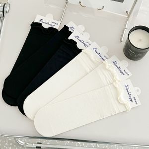 British Style Womens Mid-Calf Socks Floral Lace Edged Ice Silk Ultra-Thin Summer Fashionable White Color Brief Floral Pattern