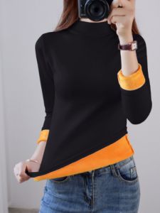 Áo Thun Dài Tay Dày Lót Lông Cừu Cổ Cao Mùa Thu Đông Mới Cho Nữ Áo Sơ Mi Cơ Bản Ấm Áp Đa Năng Áo Lót Thường Ngày