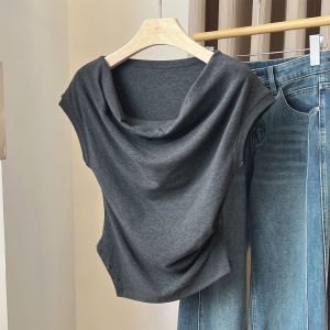 Áo Thun Tay Ngắn Không Đều Thiết Kế Độc Đáo Cho Nữ Mùa Hè Mới Gấp Gọn Thon Gọn Thanh Lịch Áo Thun Cổ Tròn Thường Ngày