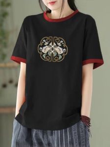 Pure Cotton Fashion Colorblock Short Sleeve T-shirt Womens Artistic Casual National Style New Chinese Style Versatile Slimming Top Summer