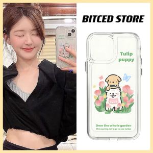 BITCED Acrylic Transparent Cute Cartoon Dog Tulip Phone Case for Apple 16/15Promax 13Promax 14Plus 12 XS Protection Cover