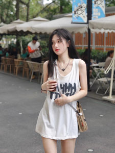 Áo Thun Nữ Màu Trắng Không Tay Cotton Phong Cách Đường Phố Mùa Hè Cổ Tròn Dài Vừa Phải Thường Ngày Không Có Đệm Ngực