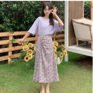 Kiddy Crew กระโปรงลายดอกไม้ฤดูใบไม้ผลิและฤดูร้อนใหม่ของผู้หญิงอารมณ์ฝรั่งเศสบางกว่ากระโปรงขั้นตอนเดียวยาวปานกลางจีบไม่สม่ำเสมอ