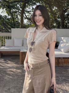 HUOLISI | Linen Knit Short Sleeve Slim Fit Womens T-Shirt