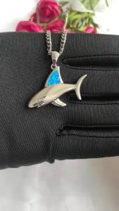 Shark Pendant Necklace with Blue Fire Opal Inlay Unique Ocean Themed Gift for Fisherman Dad Cool Practical Accessories
