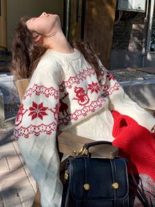 Loose Christmas Sweater Womens round Neck Mid-Length Autumn Winter Thermal Cotton Inner Wear Base Shirt Printed Commute Style