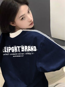 Áo Thun Tay Ngắn Kẻ Sọc Màu Xanh Lam Cho Nữ Áo Thun Cotton Dáng Rộng Cổ Tròn Mùa Hè Phong Cách Mỹ Cổ Điển Thiết Kế Thời Trang