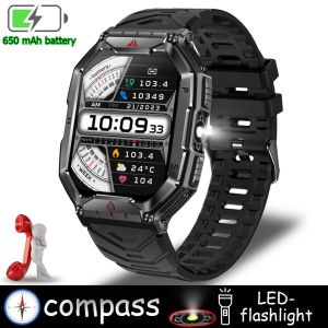 New Rugged Military With LED Flashlight Smart Watch Men Heart Rate Bluetooth Call Waterproof Outdoor SmartWatch For Android ios