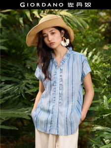 เสื้อเชิ้ตผู้หญิง Giordano ลายทาง แขนยาว คอวี แขนยาว ทรงหลวม ฤดูร้อน 2025 ผ้าโพลีเอสเตอร์ คอตตอน อะซิเตท ลินิน เส้นใยไลโอเซลล์