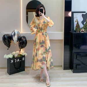 Impression Fashion Store Women's Elegant V-neck Chiffon Printing Long Puff Sleeve High Waist Slim A-line Irregular Swing Pleated Midi Dress